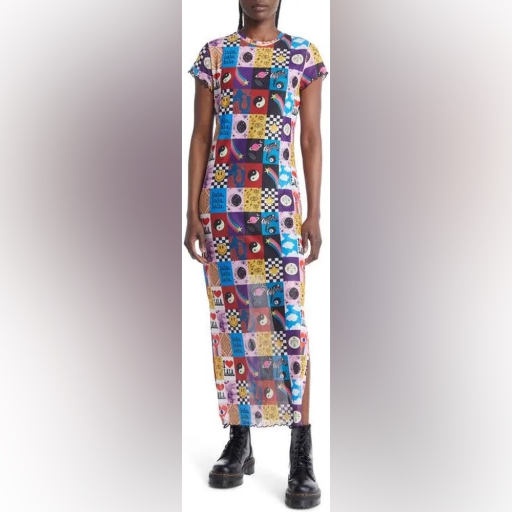 Dressed in Lala Patchwork Print Mesh Dress. Size Large